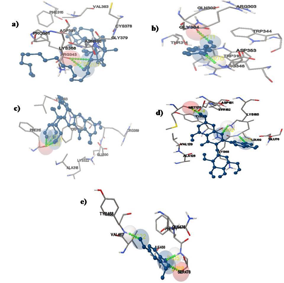 Figure 1: 1(a) Interaction between 1PPI with β-amyrin palmitate, 1(b) Interaction between 1PPI with   2-hydroxy-4-methoxy-benzaldehyde, 1(c) Interaction between 1PPI with hyperoside, 1(d) Interac tion between 1PPI with Isoquercetin, 1(e) Interaction between 1PPI with Vanillin