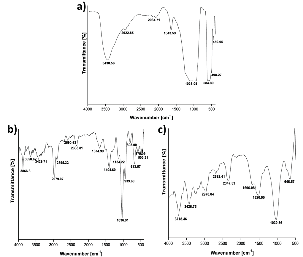 FTIR spectra of (a) HAp, (b), Agr, and (c) HAp-Agr biocomposite.