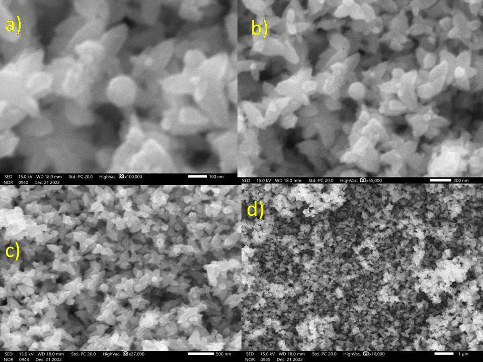 Green synthesised nanoparticles SEM images at various magnifications 100 nm, 200 nm, 500 nm, and 1μm is the range