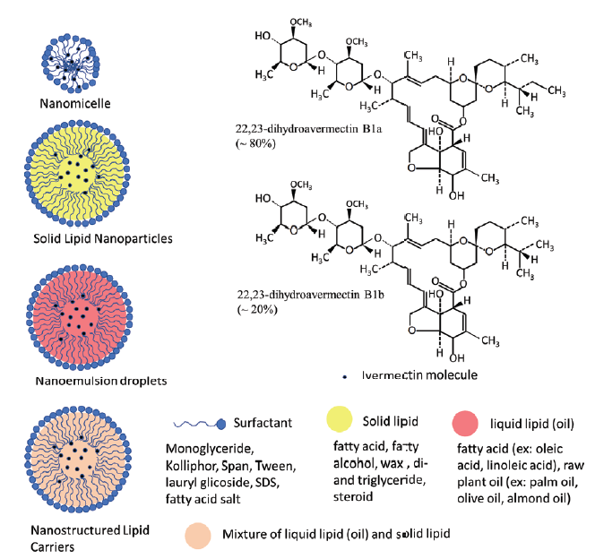 Schematic representation of poten- tial nanocarriers as inhalation formulations. The molecular structure of ivermectin and examples of materials for nanocarrier preparation are also displayed.